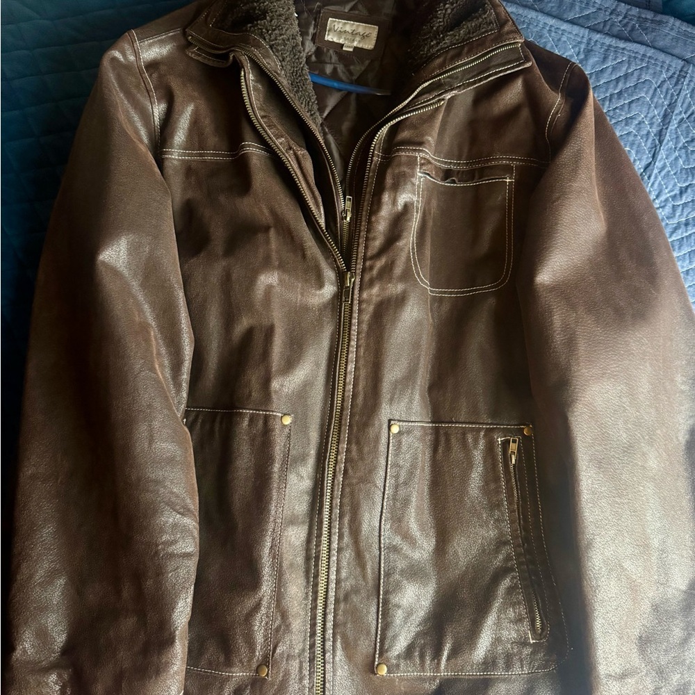 Vintage Dark Brown Leather Military Jacket/Zip-out Sherpa Insert